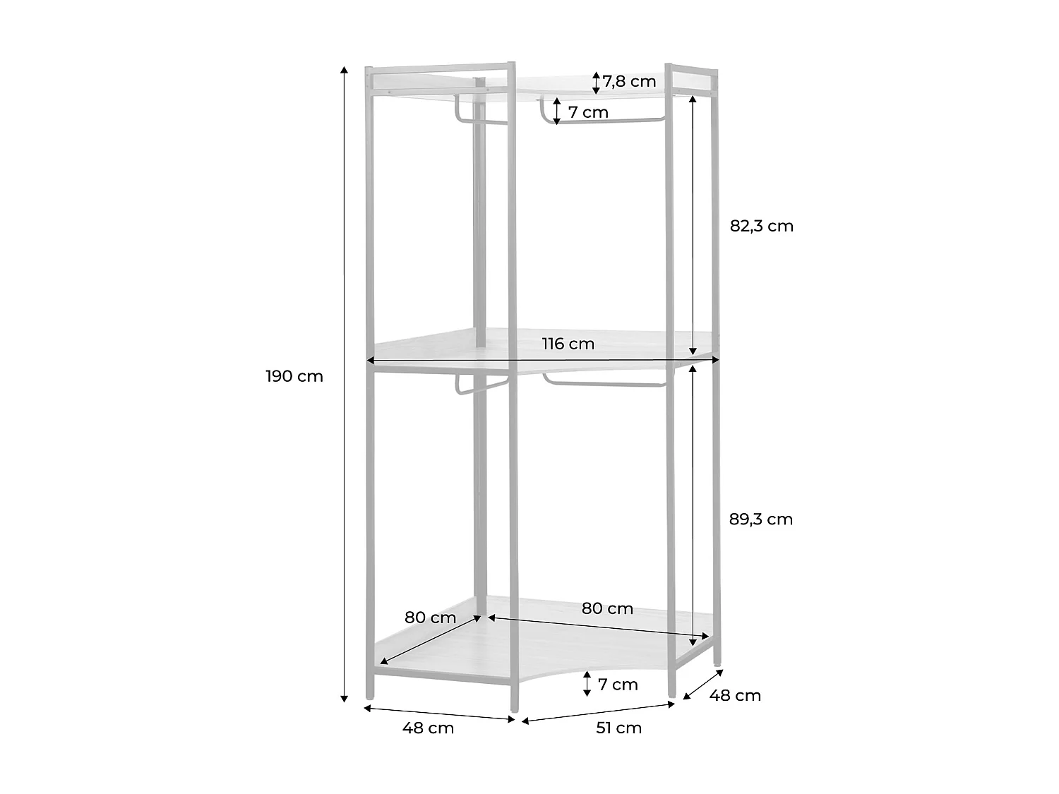 Module dressing d'angle blanc avec 4 penderies et 2 étagères. L 80 x P 80 x H 190 cm