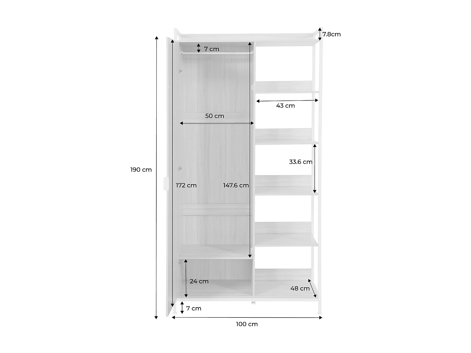 Module dressing blanc avec 1 penderie. 6 étagères et 1 porte. L 100 x P 48 x H 190 cm