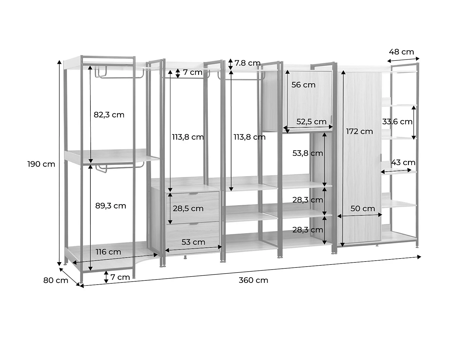 Kit dressing modulable blanc avec 5 éléments. L 360 x P 48 x H 190