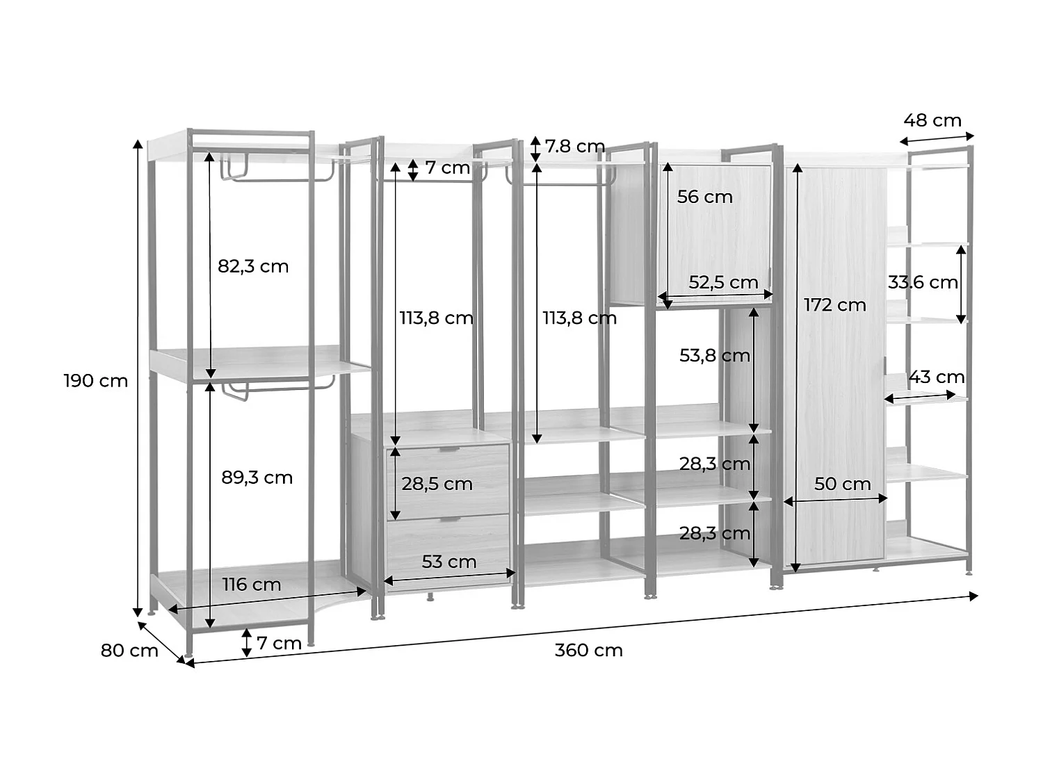 Kit dressing modulable blanc avec 5 éléments. L 360 x P 48 x H 190