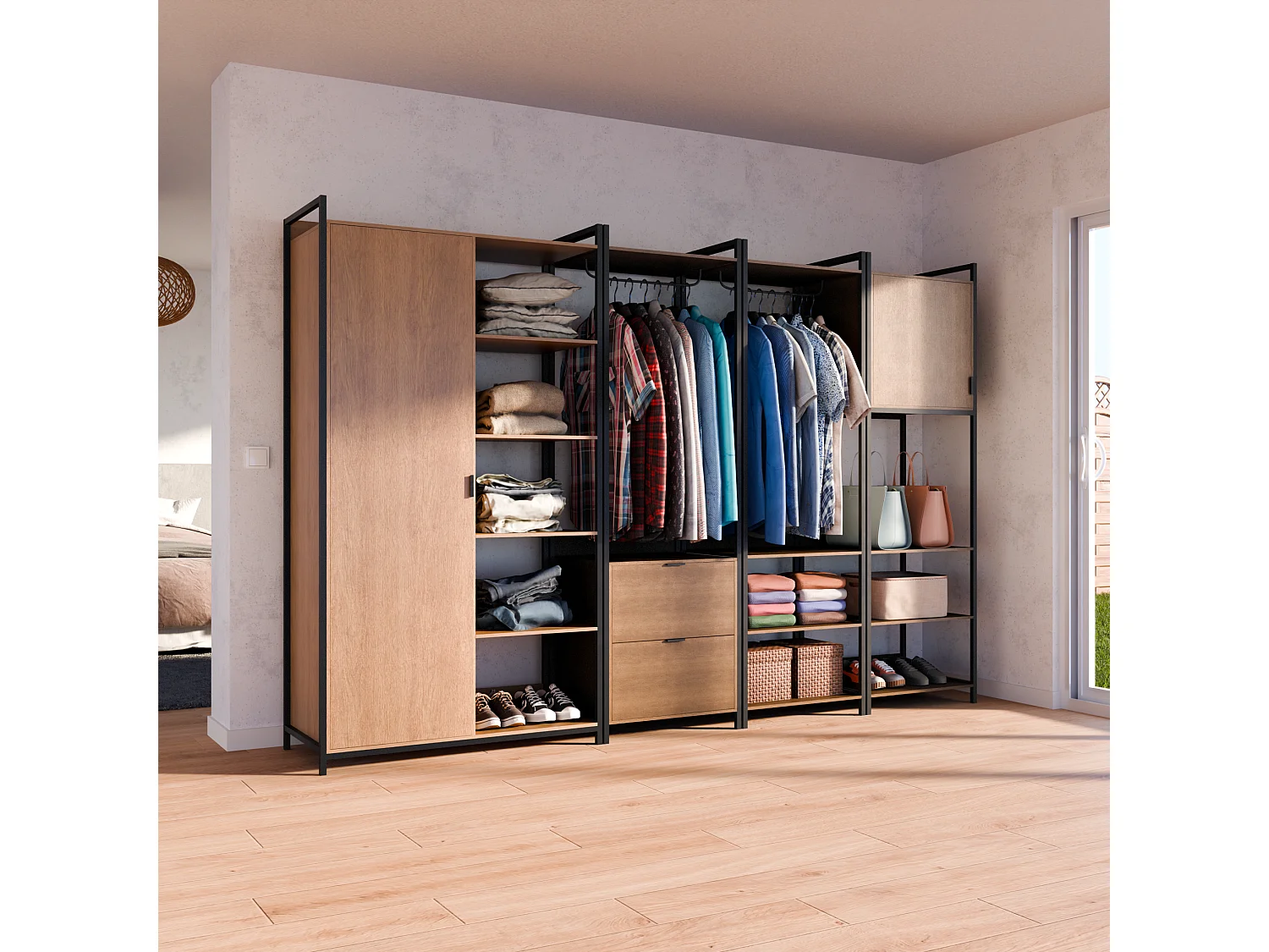 Kit dressing modulable noir avec 4 éléments. L 280 x P 48 x H 190 cm