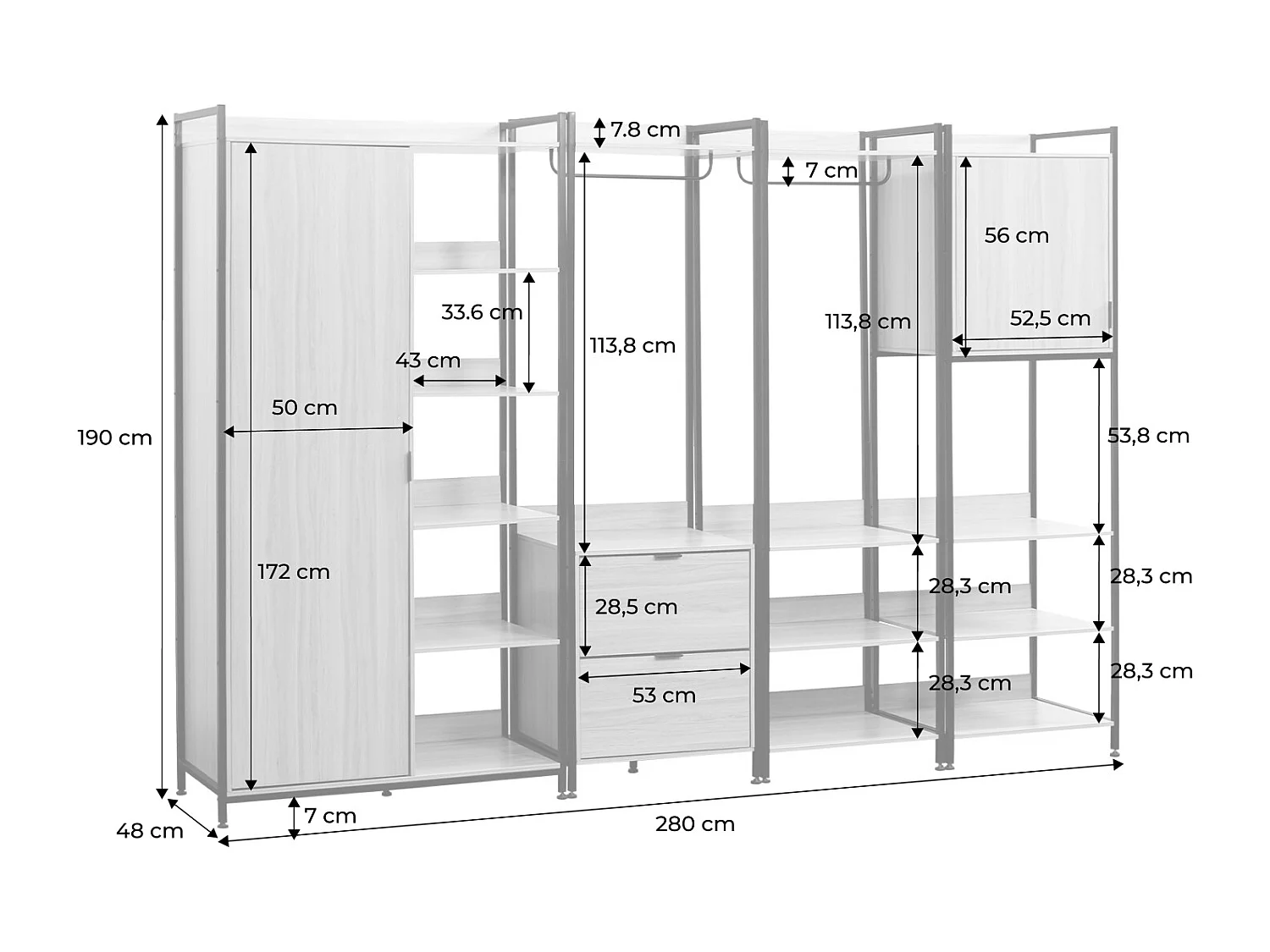 Kit dressing modulable noir avec 4 éléments. L 280 x P 48 x H 190 cm