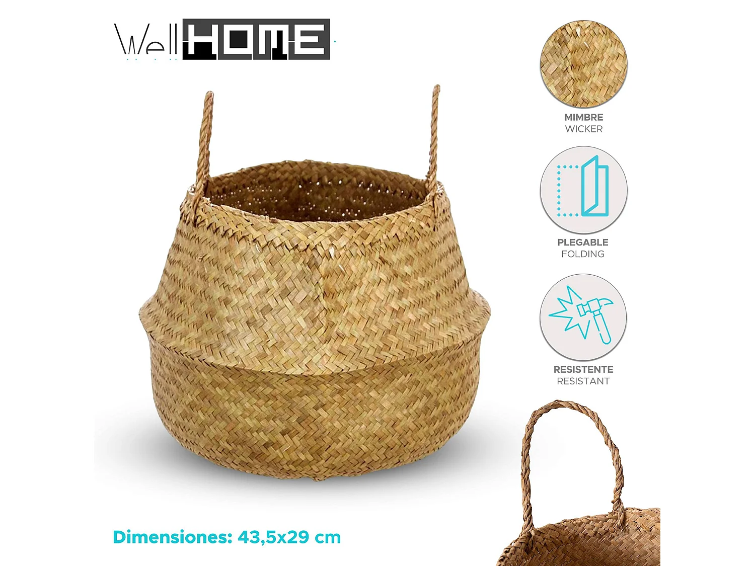 WELL HOME - Corbeille pliante en cannage naturel 43,5x29 cm