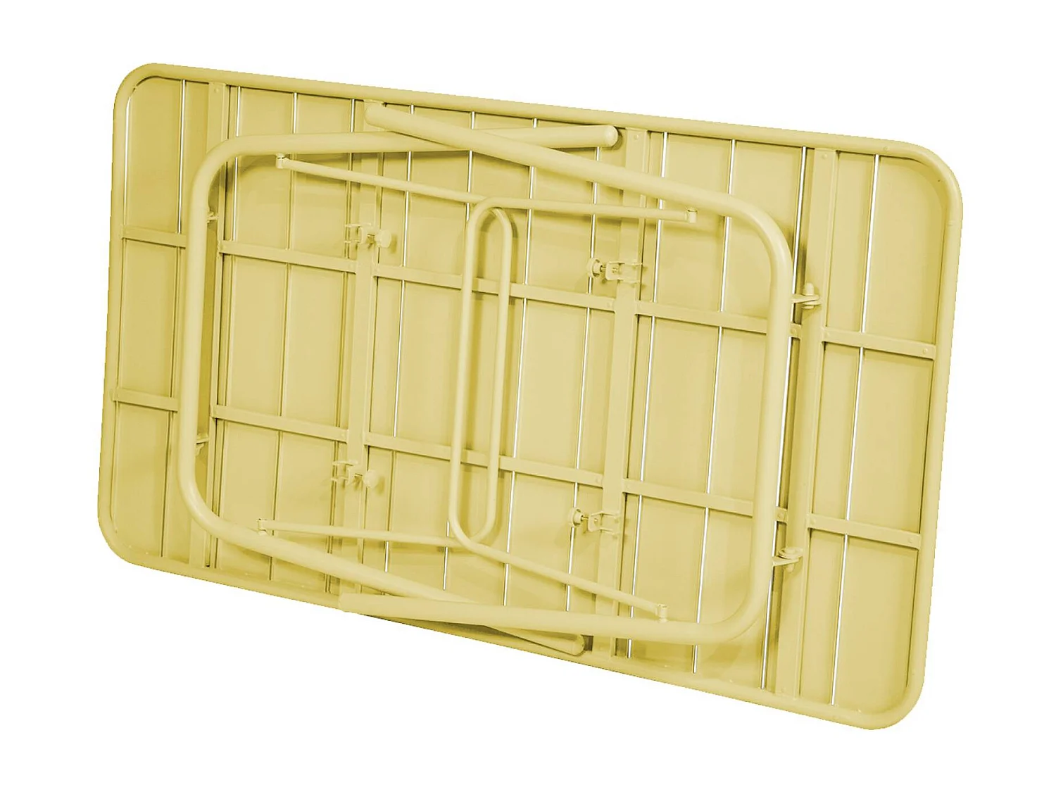 Table de jardin pliante métal 6 places. jaune. Amelia. 140x80cm. traitement antirouille. lattes et bords arrondis