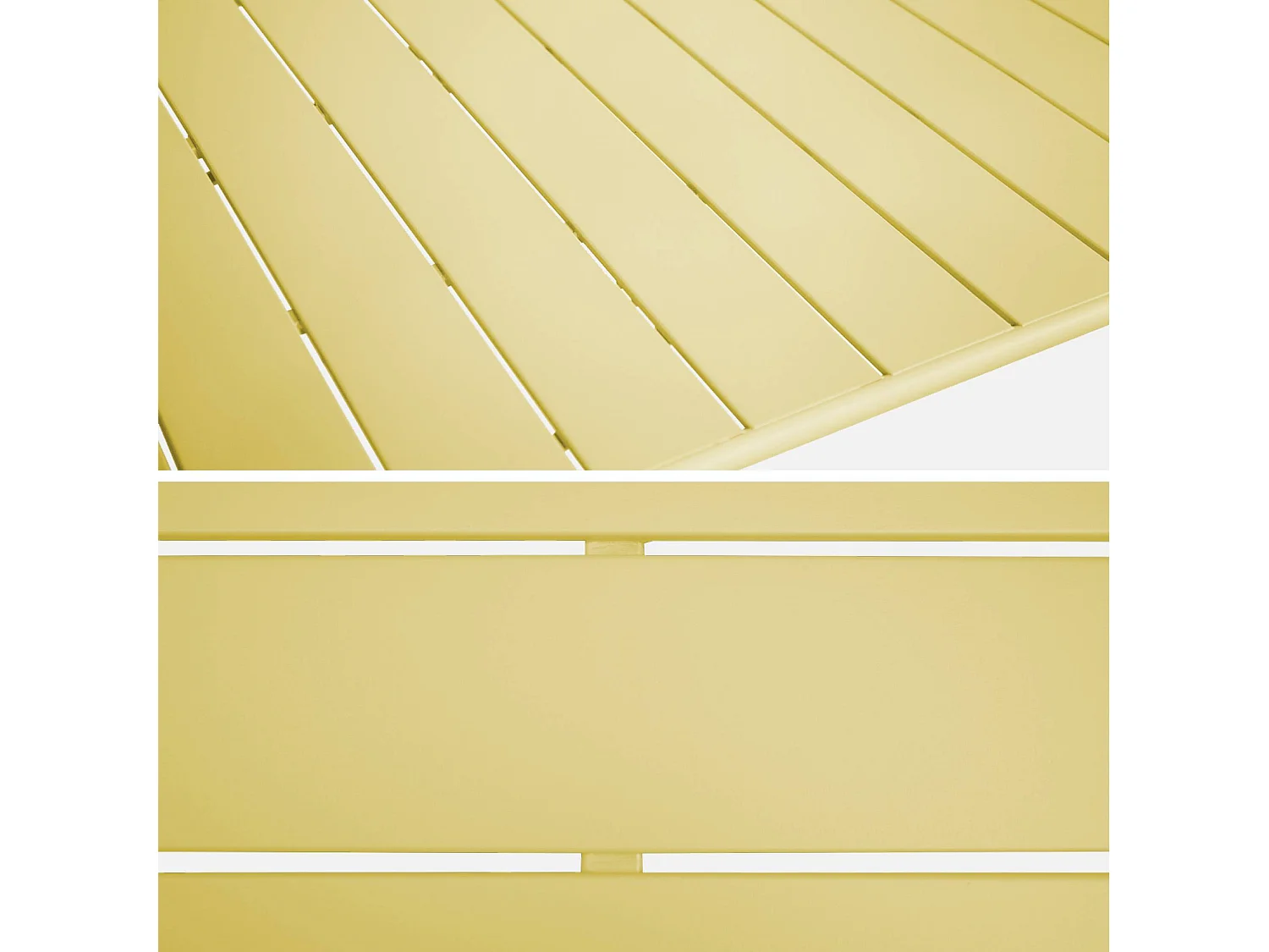 Table de jardin pliante métal 6 places. jaune. Amelia. 140x80cm. traitement antirouille. lattes et bords arrondis