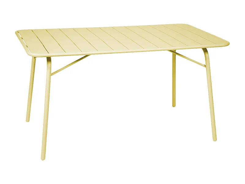 Table de jardin pliante métal 6 places. jaune. Amelia. 140x80cm. traitement antirouille. lattes et bords arrondis