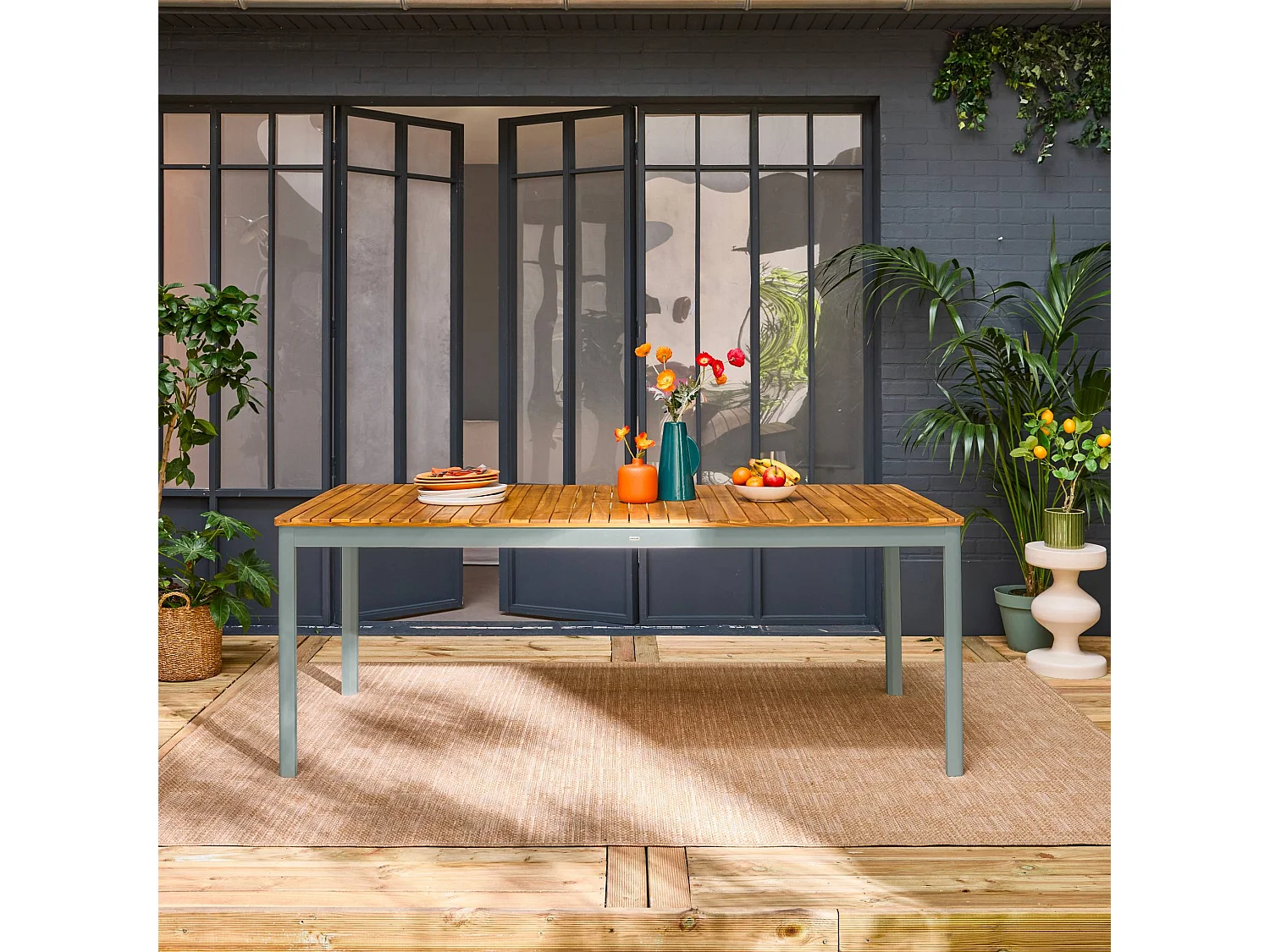 Mesa de jardín de acacia con esquinas redondeadas, 8 plazas verde kaki