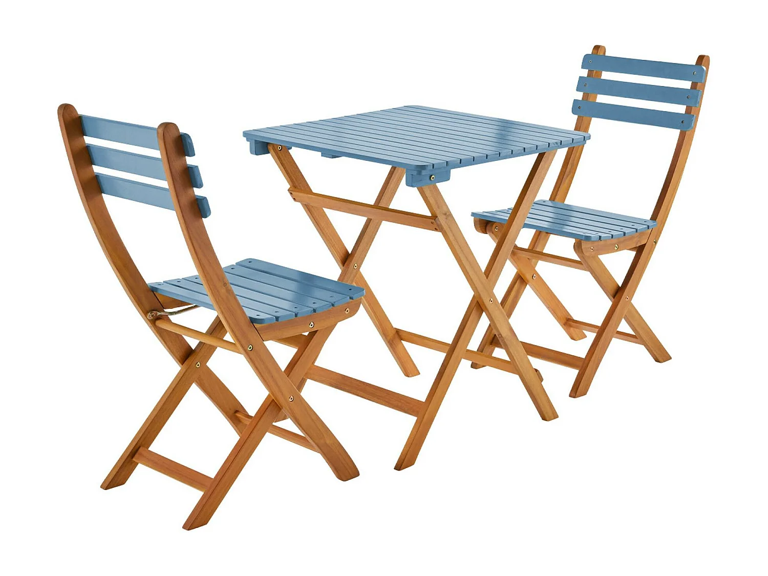 Tavolo da giardino in legno di acacia, 2 sedie pieghevoli, blu