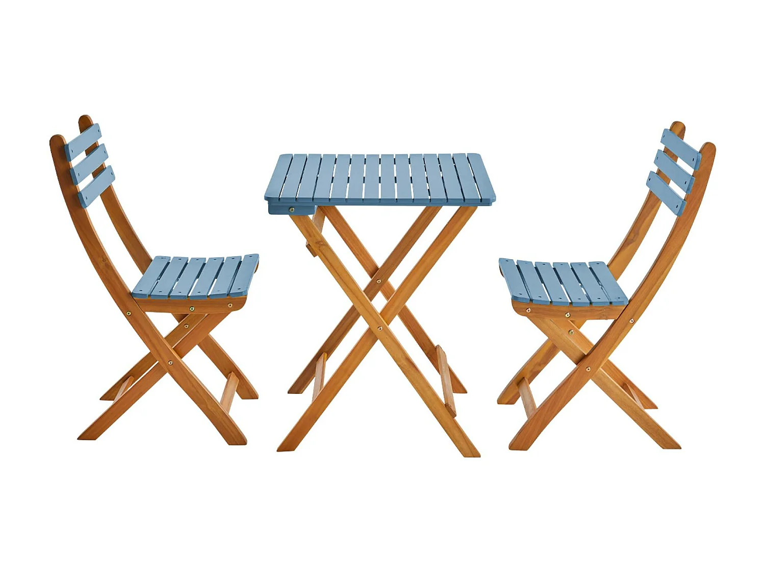 Mesa de jardín de madera de acacia con 2 sillas plegables azul