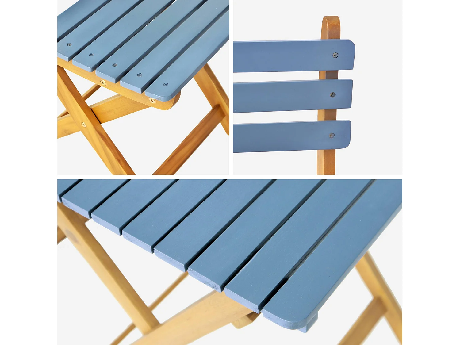 Set tavolo da giardino in legno di acacia con 2 sedie pieghevoli, blu
