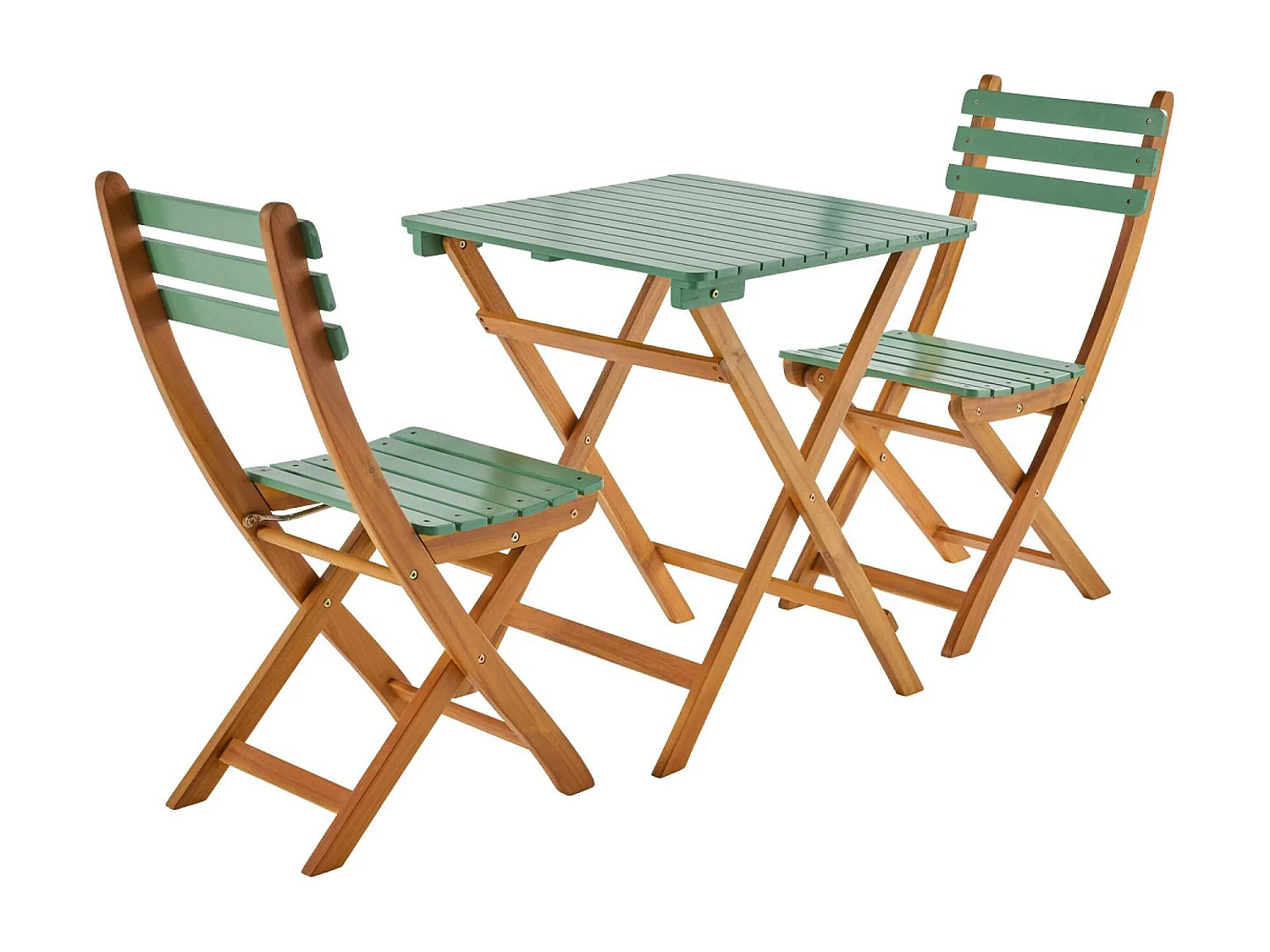 Table de jardin pliante bois d'acacia + 2 assises vert de gris HILORA . table carrée