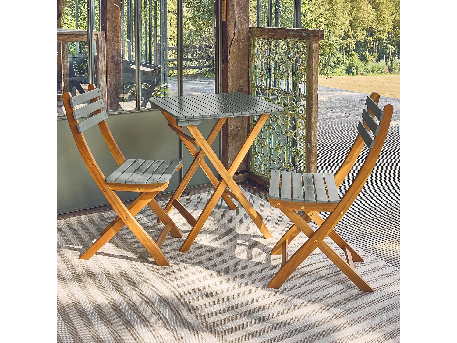 Table de jardin pliante bois d'acacia + 2 assises kaki HILORA . table carrée