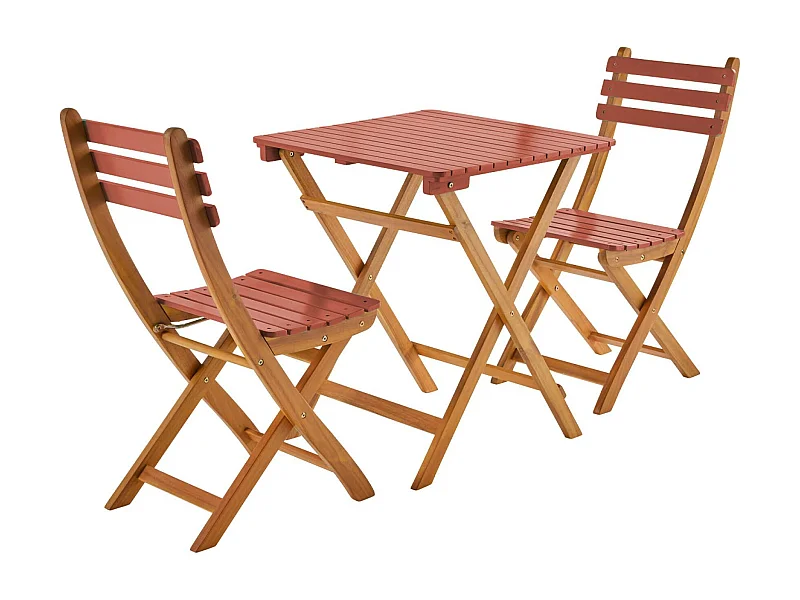 Mesa de jardín de madera de acacia con 2 sillas plegables terracotta