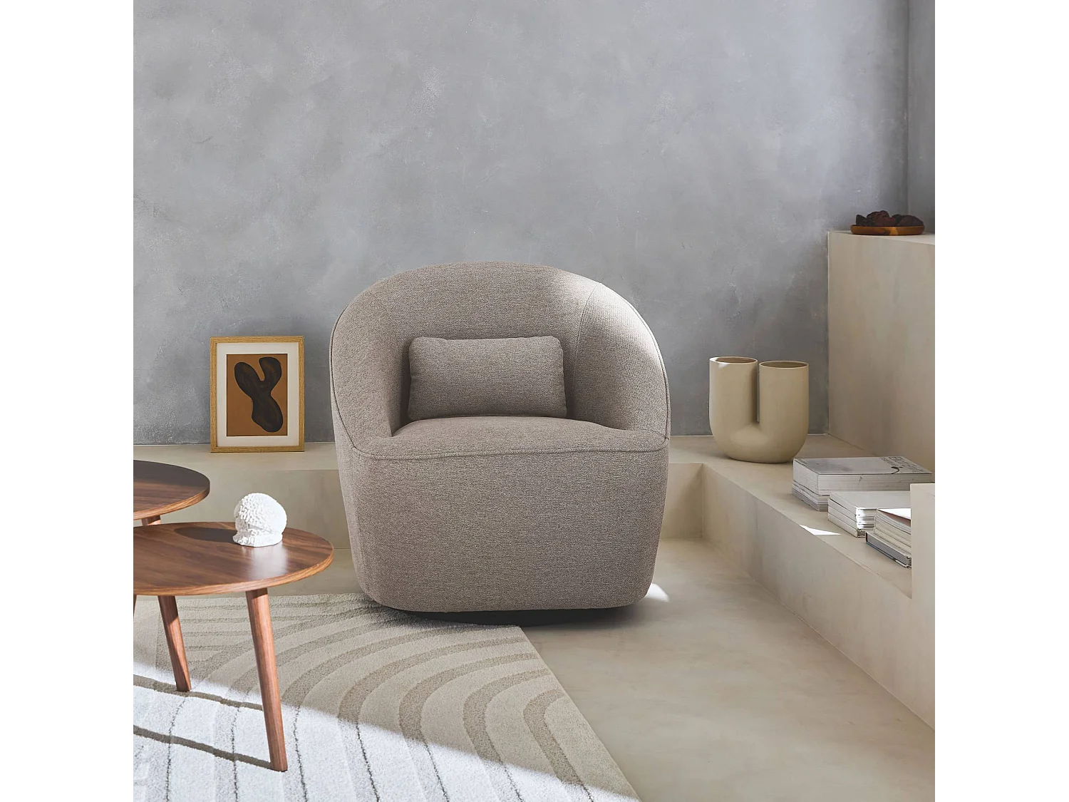 Sillón giratorio de tela 360º con cojín gris beige