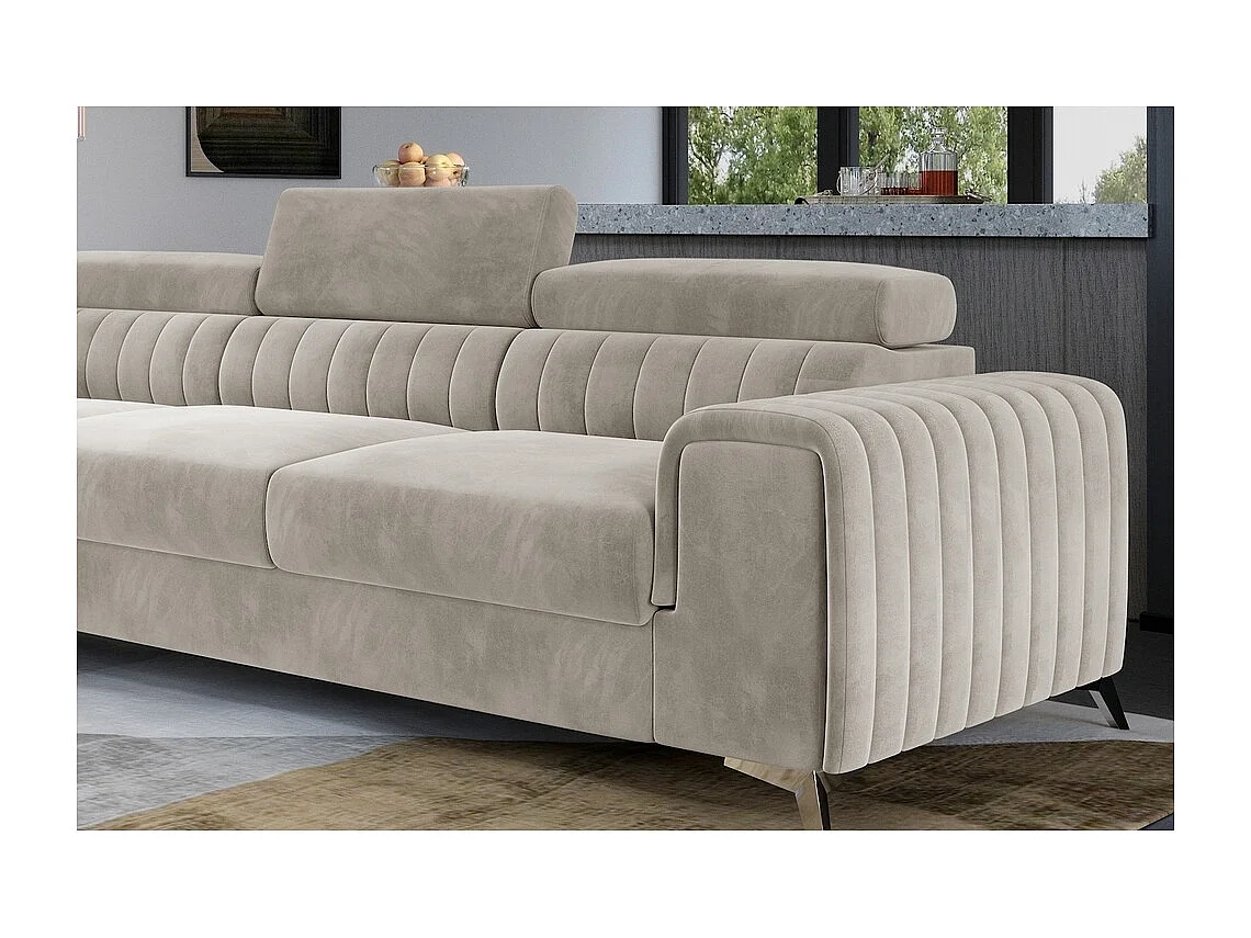 Canapé d'angle convertible - LARRY VELOURS - en velours Luxe, 5 places, beige, angle gauche (vu de face)