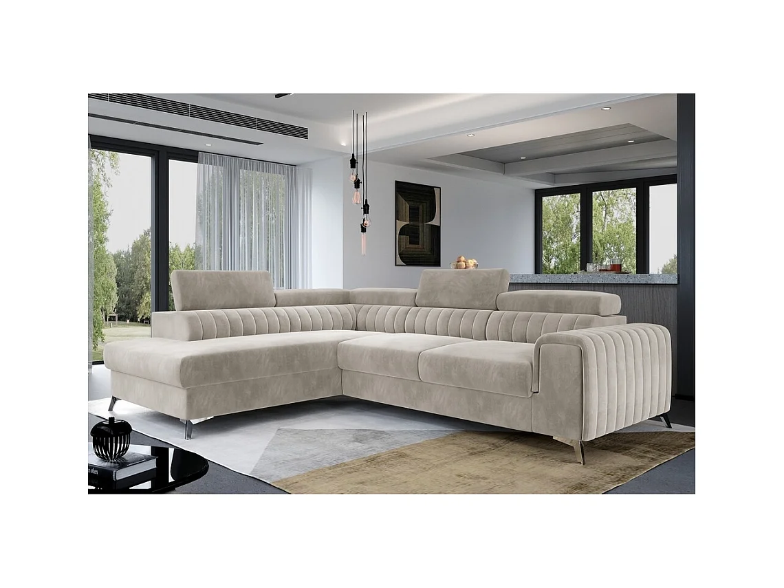 Canapé d'angle convertible - LARRY VELOURS - en velours Luxe, 5 places, beige, angle gauche (vu de face)