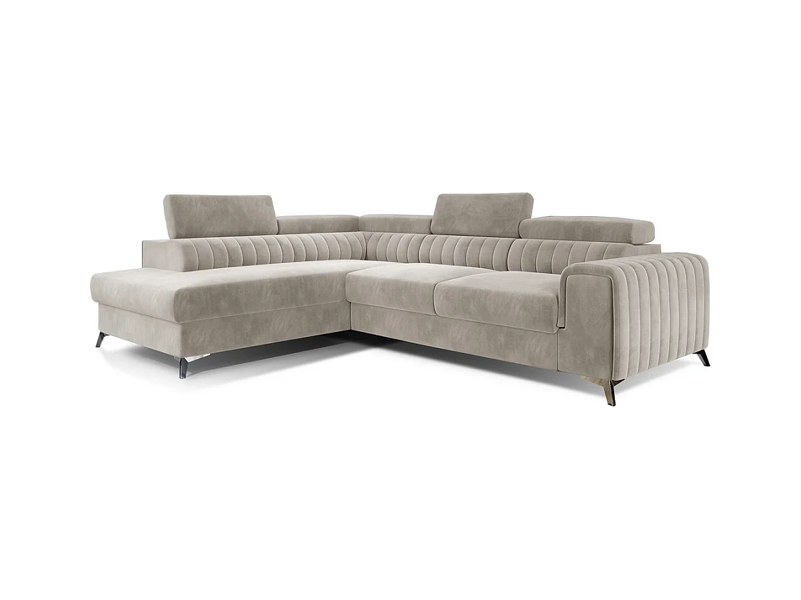 Canapé d'angle convertible - LARRY VELOURS - en velours Luxe, 5 places, beige, angle gauche (vu de face)