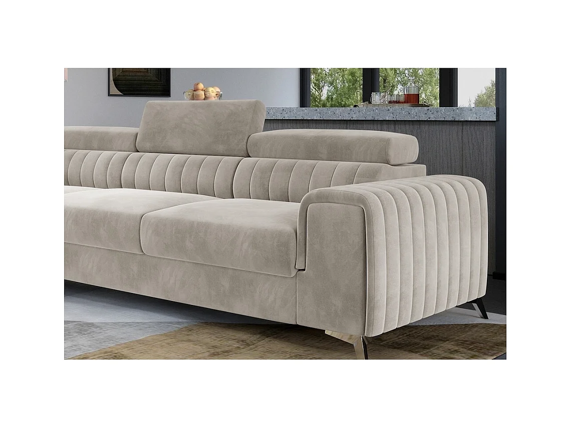 Canapé d'angle convertible - LARRY VELOURS - en velours Luxe, 5 places, beige, angle gauche (vu de face)