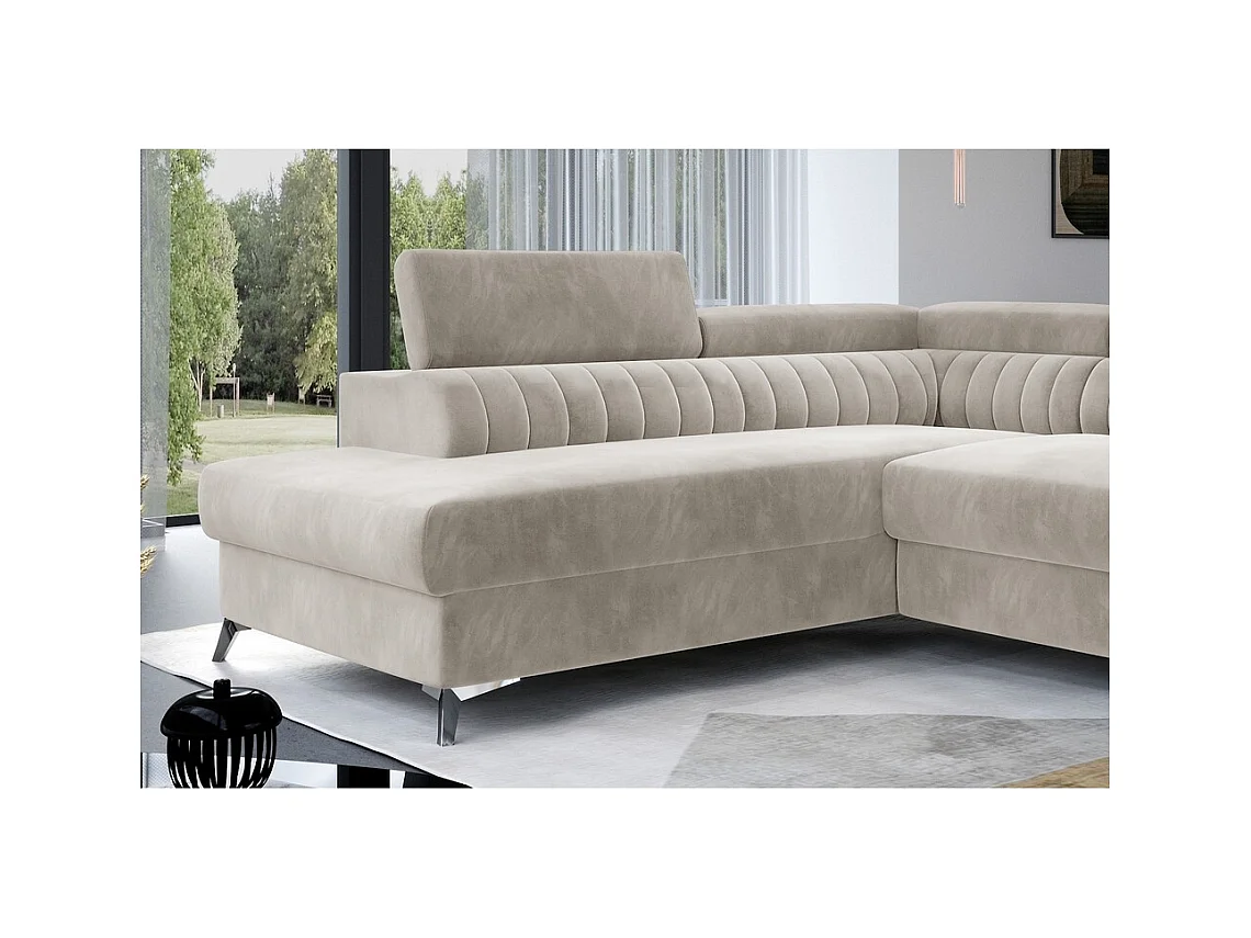 Canapé d'angle convertible - LARRY VELOURS - en velours Luxe, 5 places, beige, angle gauche (vu de face)