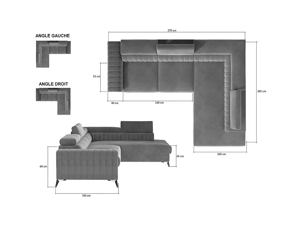 Canapé d'angle convertible - LARRY VELOURS - en velours Luxe, 5 places, beige, angle gauche (vu de face)