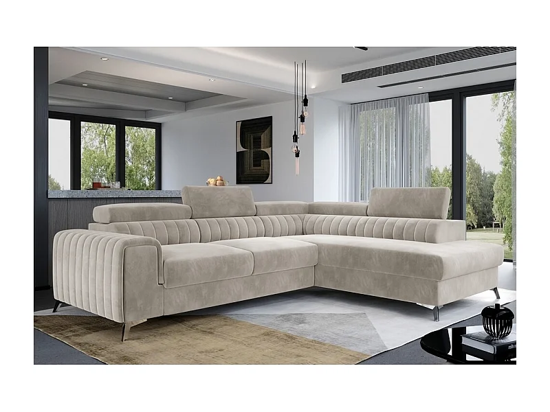 Canapé d'angle convertible - LARRY VELOURS - en velours Luxe, 5 places, beige, angle droit (vu de face)