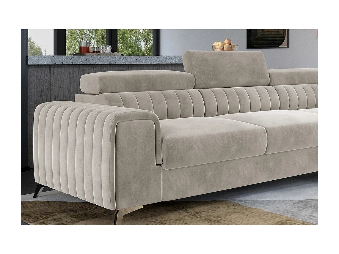 Canapé d'angle convertible - LARRY VELOURS - en velours Luxe, 5 places, beige, angle droit (vu de face)