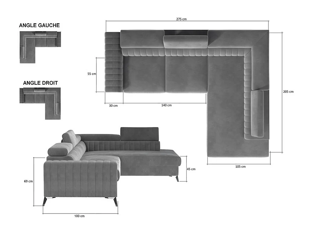 Canapé d'angle convertible - LARRY VELOURS - en velours Luxe, 5 places, beige, angle droit (vu de face)