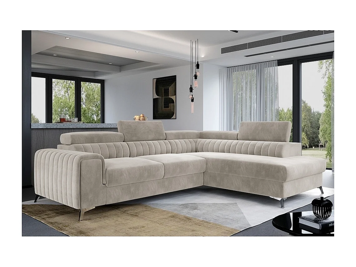 Canapé d'angle convertible - LARRY VELOURS - en velours Luxe, 5 places, beige, angle droit (vu de face)