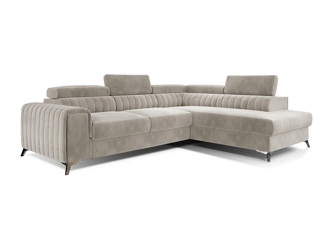 Canapé d'angle convertible - LARRY VELOURS - en velours Luxe, 5 places, beige, angle droit (vu de face)