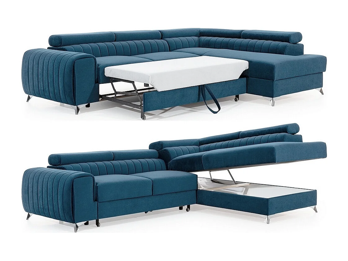 Canapé d'angle convertible - LARRY VELOURS - en velours Luxe, 5 places, beige, angle droit (vu de face)