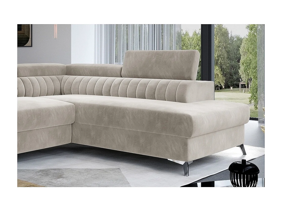 Canapé d'angle convertible - LARRY VELOURS - en velours Luxe, 5 places, beige, angle droit (vu de face)