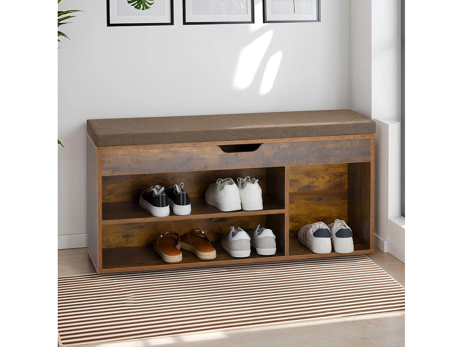 Banc de rangement à chaussures BAIA avec coffre, Assise rembourrée, 104x48x30 cm, 8 à 10 paires de chaussures, Couleur old style