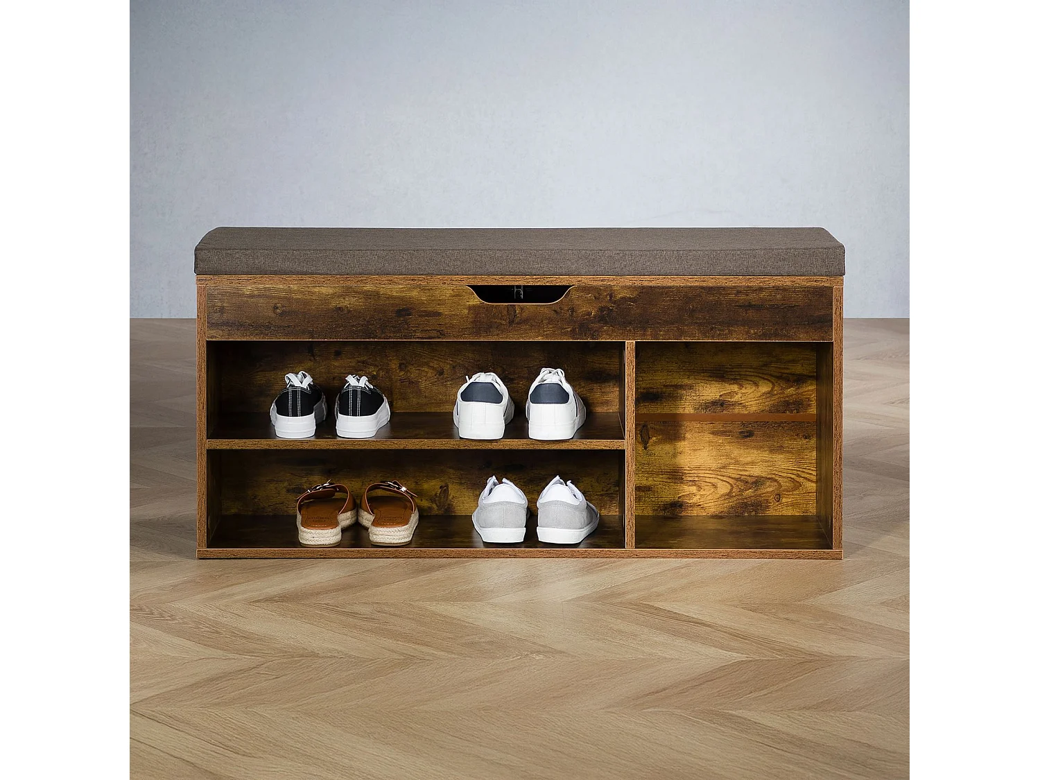 Banc de rangement à chaussures BAIA avec coffre, Assise rembourrée, 104x48x30 cm, 8 à 10 paires de chaussures, Couleur old style