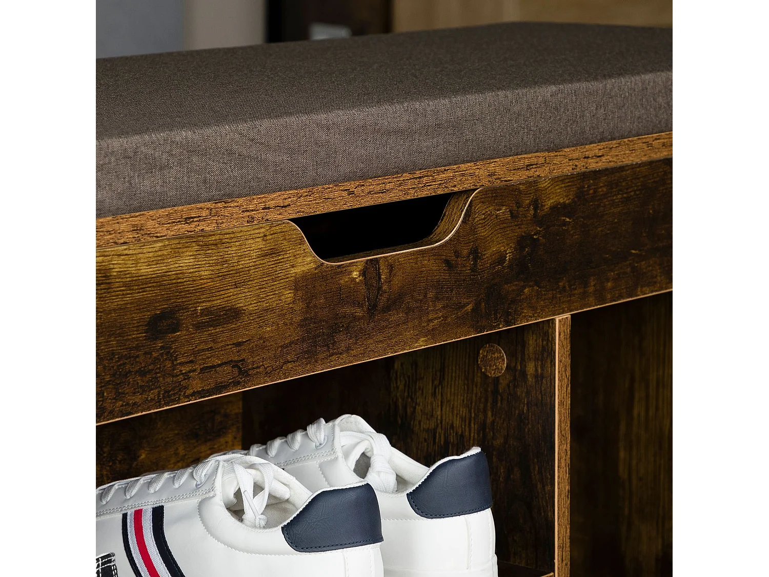 Banc de rangement à chaussures BAIA avec coffre, Assise rembourrée, 104x48x30 cm, 8 à 10 paires de chaussures, Couleur old style
