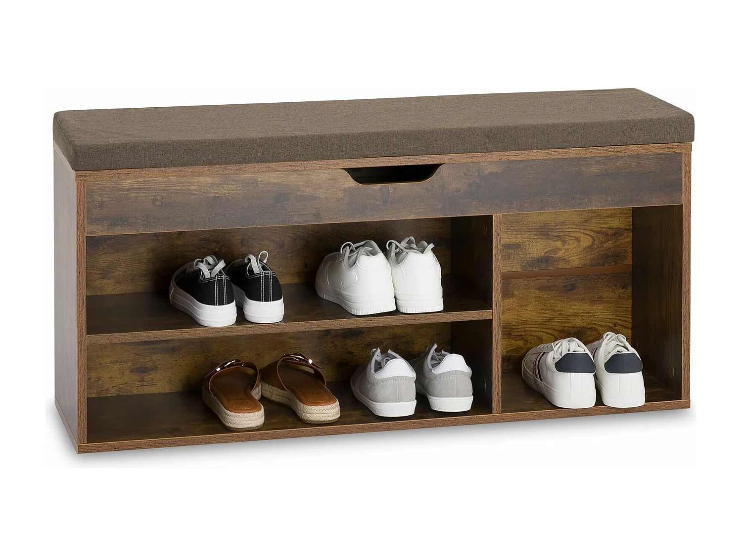 Banc de rangement à chaussures BAIA avec coffre, Assise rembourrée, 104x48x30 cm, 8 à 10 paires de chaussures, Couleur old style