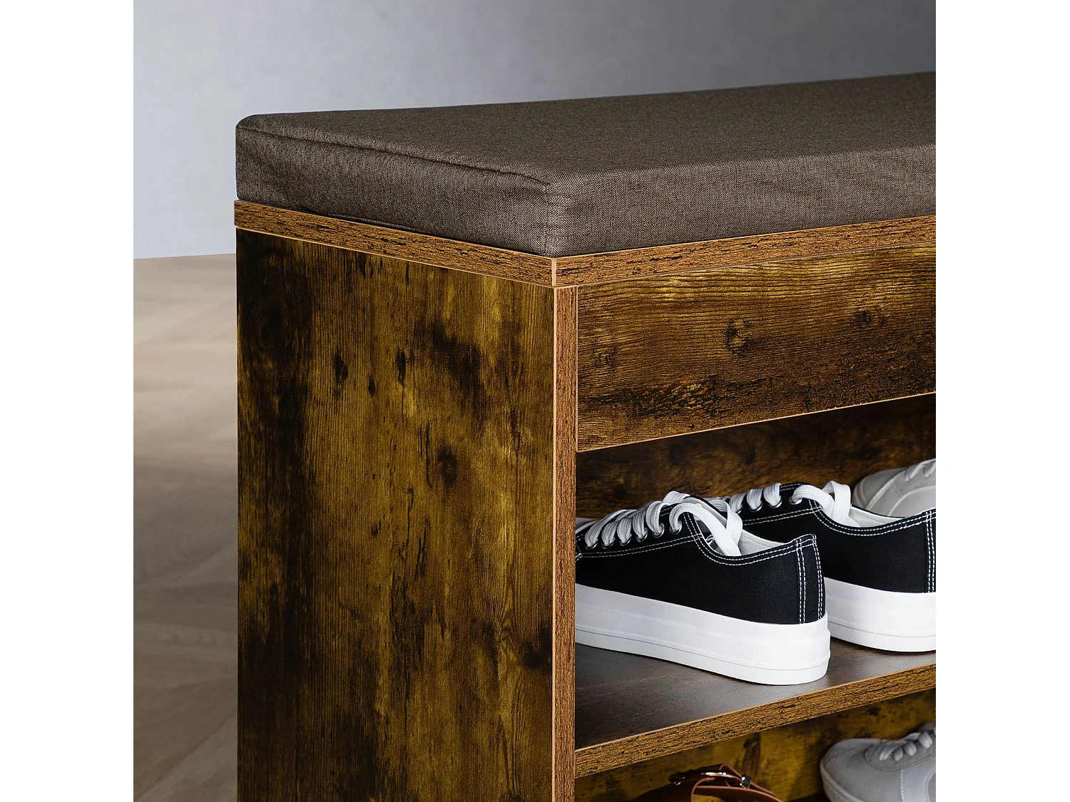 Banc de rangement à chaussures BAIA avec coffre, Assise rembourrée, 104x48x30 cm, 8 à 10 paires de chaussures, Couleur old style