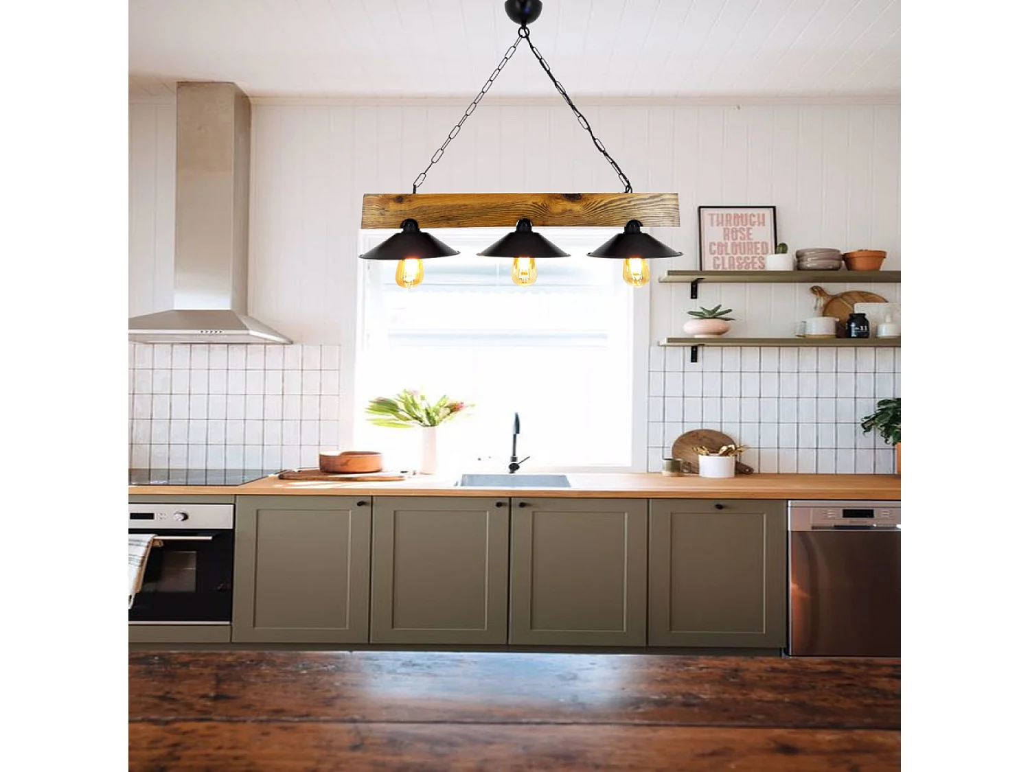 Suspension rustique 3 lampes bois et noire ENOLA
