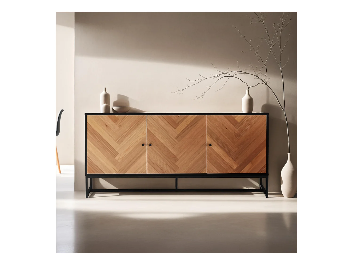 Buffet 3 portes décor mélaminé 160 cm chêne et noir