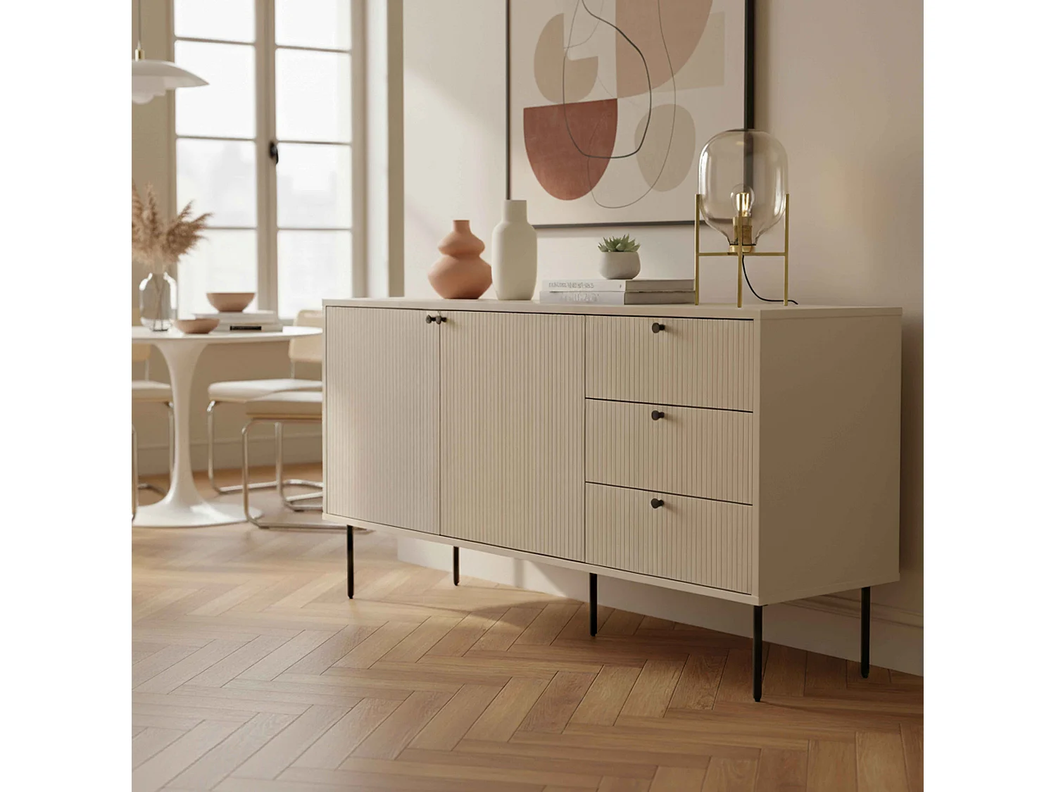 Dressoir 2 deuren en 3 laden melamine decor 150 cm beige