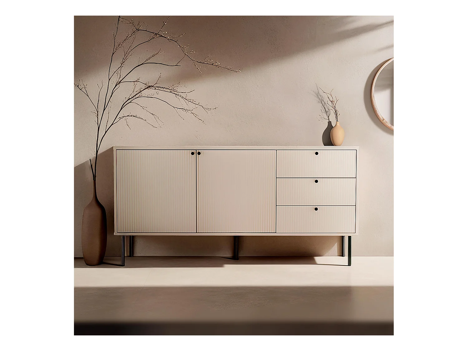 Buffet 2 portes et 3 tiroirs décor mélaminé 150 cm beige