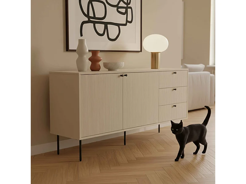 Buffet 2 portes et 3 tiroirs décor mélaminé 150 cm beige