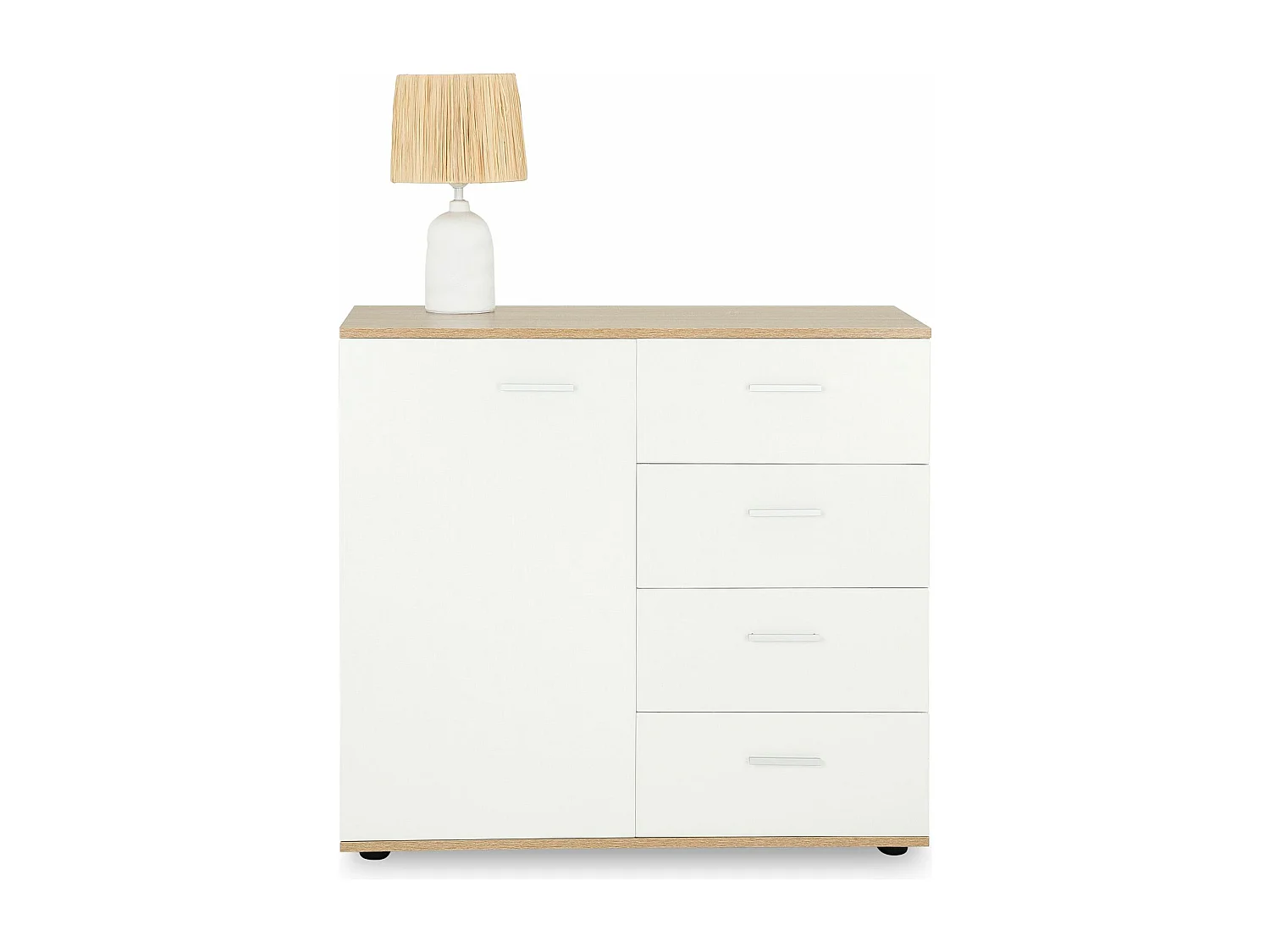 Buffet salle à manger CHICAGO L 91 cm en bois coloris blanc et sonoma avec 4 tiroirs et 1 porte, meuble rangement
