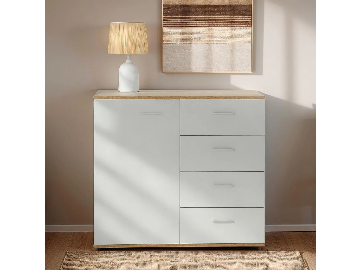 Buffet salle à manger CHICAGO L 91 cm en bois coloris blanc et sonoma avec 4 tiroirs et 1 porte, meuble rangement