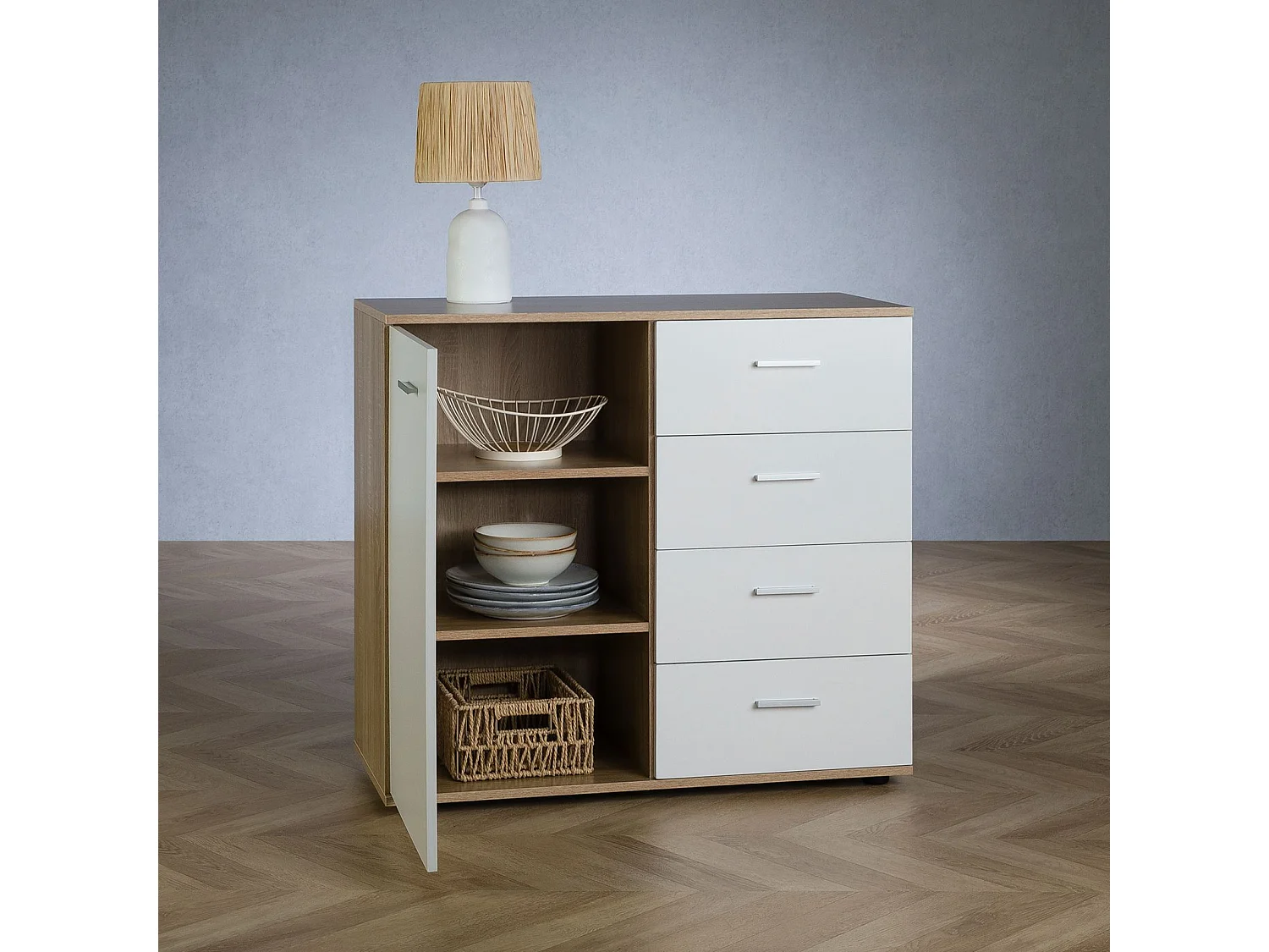 Buffet salle à manger CHICAGO L 91 cm en bois coloris blanc et sonoma avec 4 tiroirs et 1 porte, meuble rangement