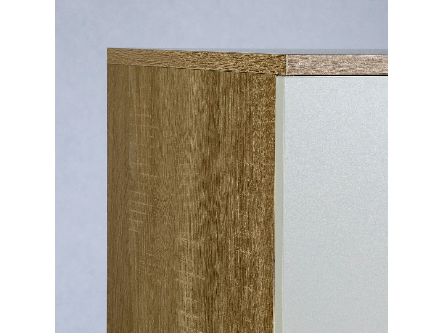 Buffet salle à manger CHICAGO L 91 cm en bois coloris blanc et sonoma avec 4 tiroirs et 1 porte, meuble rangement