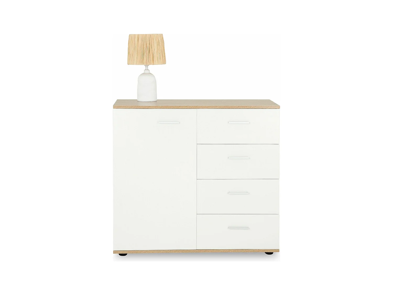 Buffet salle à manger CHICAGO L 91 cm en bois coloris blanc et sonoma avec 4 tiroirs et 1 porte, meuble rangement