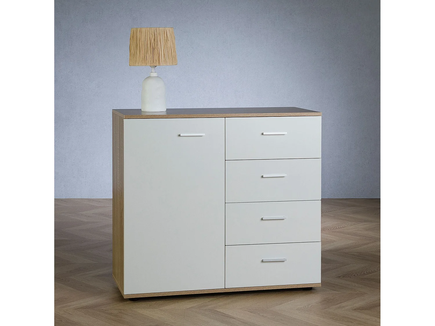 Buffet salle à manger CHICAGO L 91 cm en bois coloris blanc et sonoma avec 4 tiroirs et 1 porte, meuble rangement