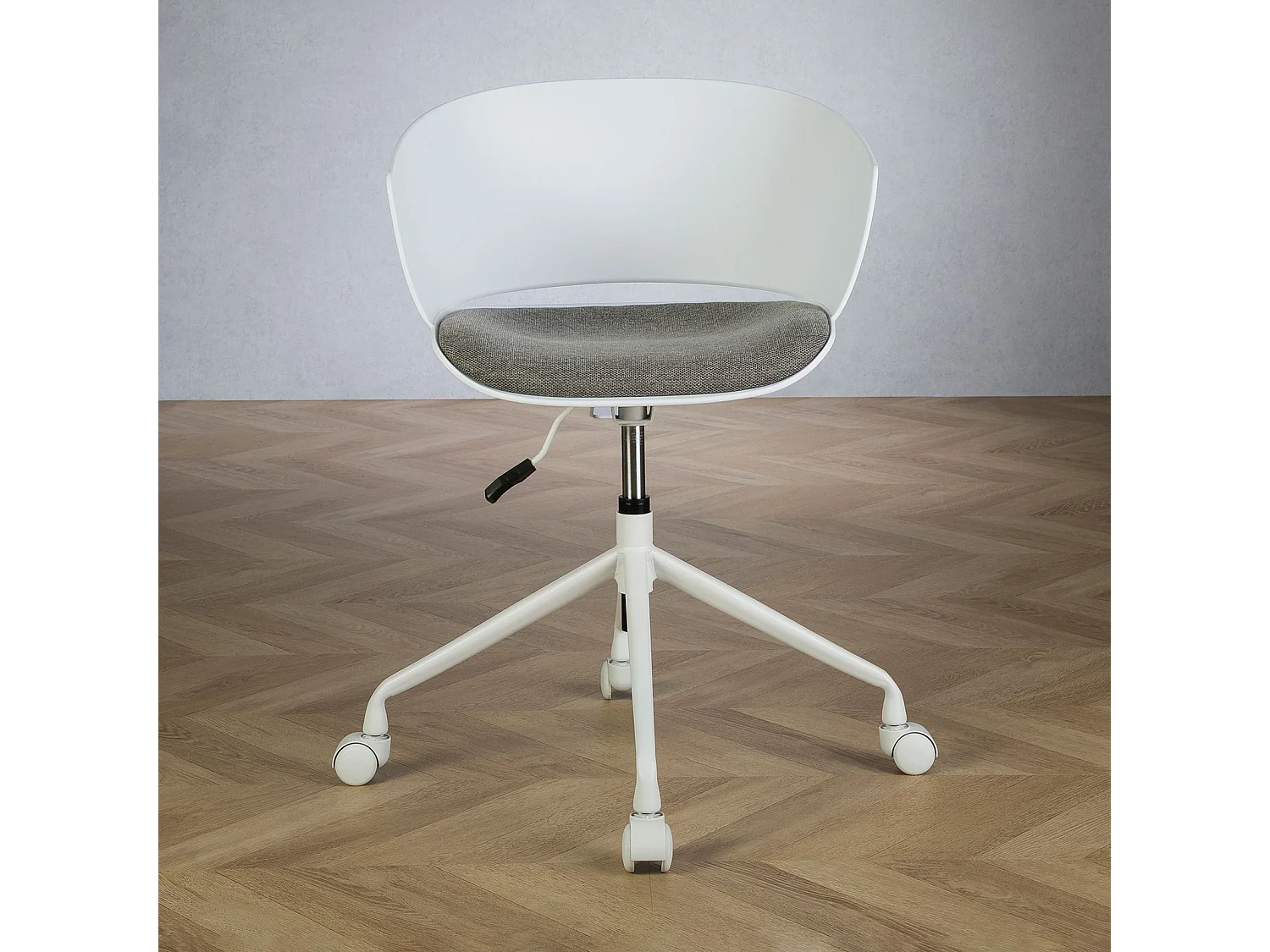 Chaise de bureau pivotante DAGMA, réglable en hauteur, style moderne, avec coussin d’assise en tissu, sur roulettes, blanc