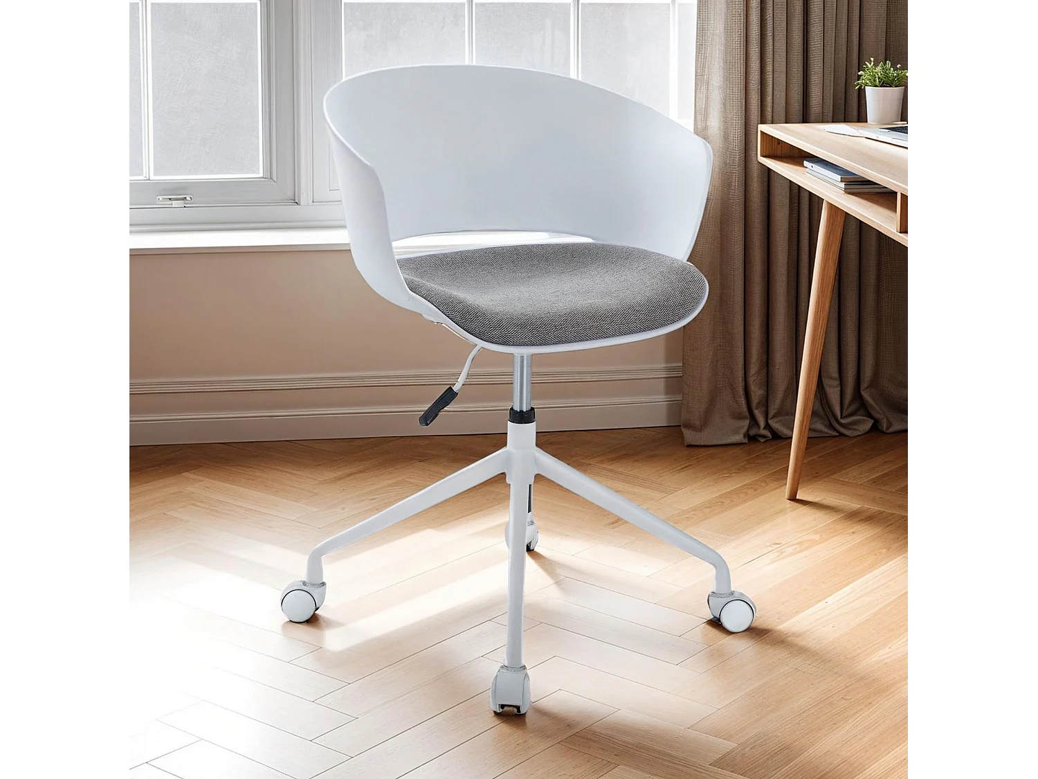 Chaise de bureau pivotante DAGMA, réglable en hauteur, style moderne, avec coussin d’assise en tissu, sur roulettes, blanc