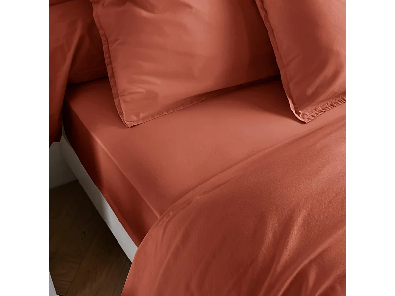 Drap housse coton lavé bonnet 40 cm - SOMEO Terracotta 140x200 - CELESTE